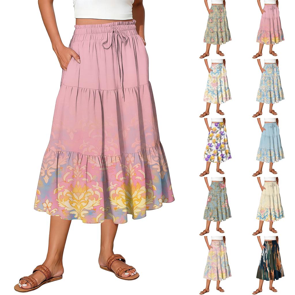 Womens Maxi Skirt Drawstring High Waisted Summer Long Skirts Lightweight Tiered Flowy Floral Pleated Skirts