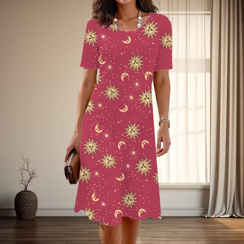 

Женская мода изящный принт звезды и луны лето весна короткий рукав О-образный вырез повседневные платья 8XL красный