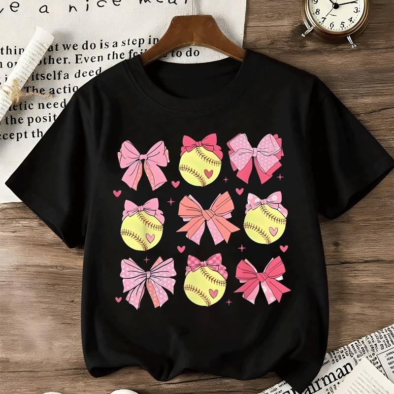 Girls Bow Baseball Heart Cartoon Print Crewneck Short Sleeve Tee, Stretchy Comfort Summer Outdoor Sports Top for Big Kids