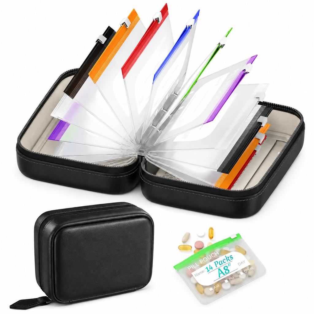 Travel Portable Pill Organizer with 14 Reusable Zipper Pouches, Food Grade Silicone Case for Medicine and Daily Essentials