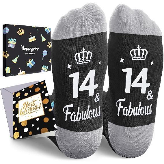HAPPYPOP 14th Boy Birthday Gift Ideas - Socks for 14 Year Old Teen Boys Girls with Card