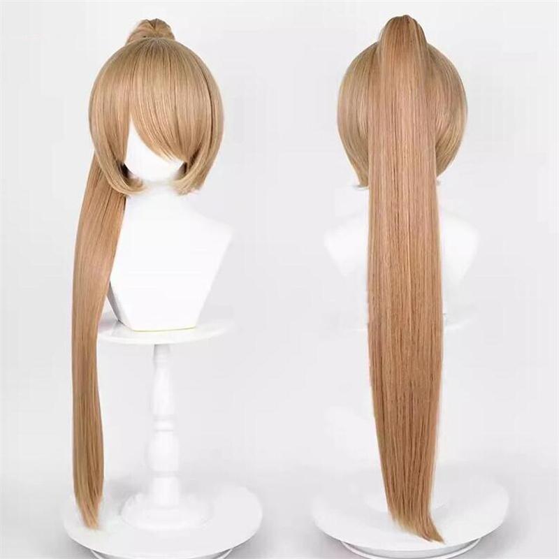 Peruca de cosplay de rabo de cavalo reto de 90 cm, peruca curta de anime, peruca universal multicolorida, resistente ao calor, cabelo sintético + touca