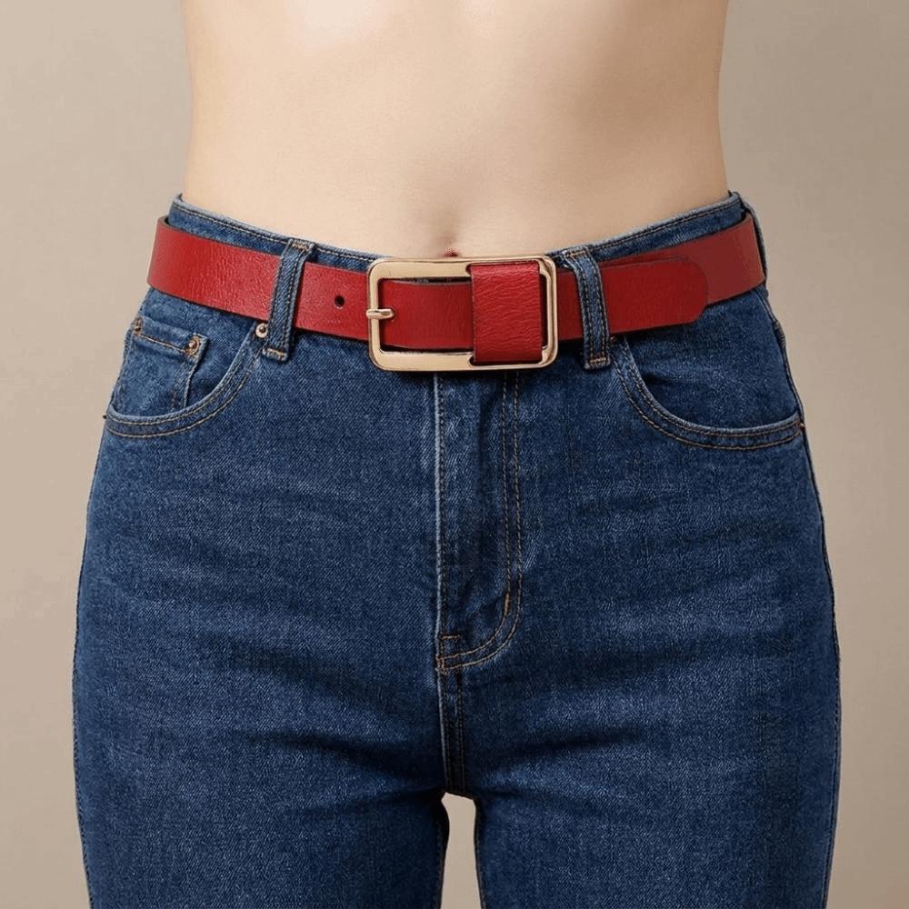Solid Color Thin Waist Belt Metal Buckle Women Waistband Fashion Genuine Leather Belt Daily