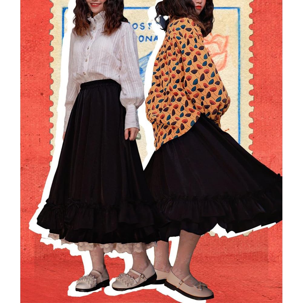 Girls Fluffy Lolita Flared High Waist Lace Large Size Elastic School Skirt Cosplay Classical Princess School Style Everyday Wear Plain [KANO SEIKA]