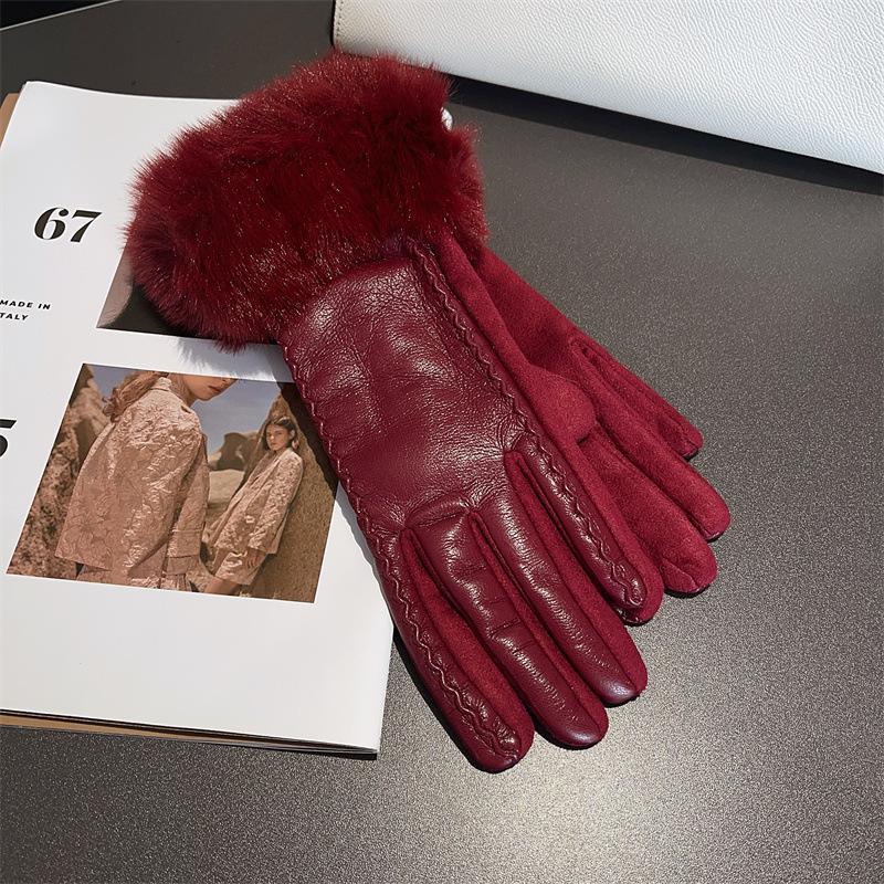 PU Leather and Suede Gloves for Women Winter Fleece-lined Thickened Fashionable Warm Gloves for Cycling