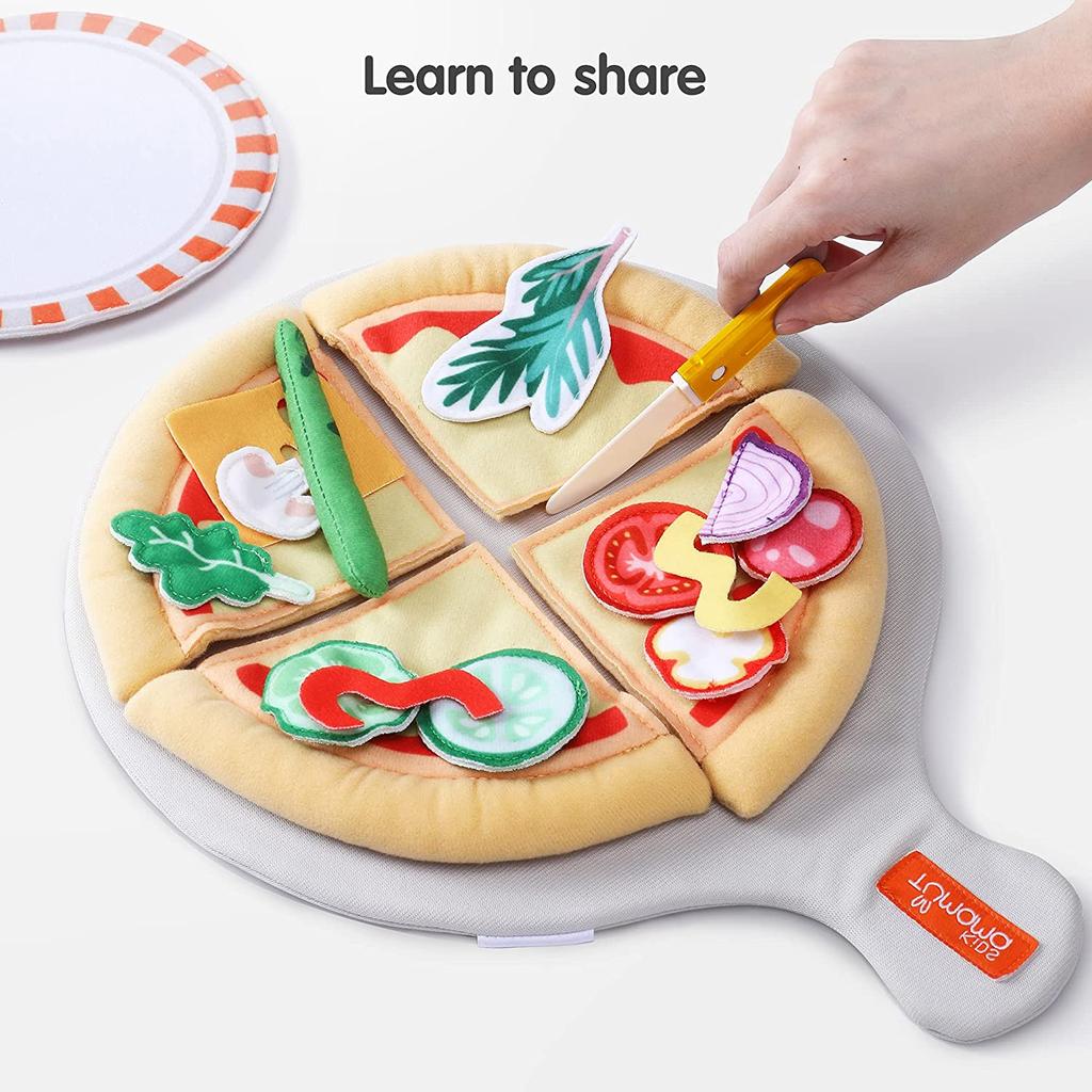 TUMAMA Pretend Play Food Set,Felt Pizza Food Toy,Play Cutting Pizza Toys with Beef Steak,Vegetables,Dinnerware and Plates Accessories for Toddlers