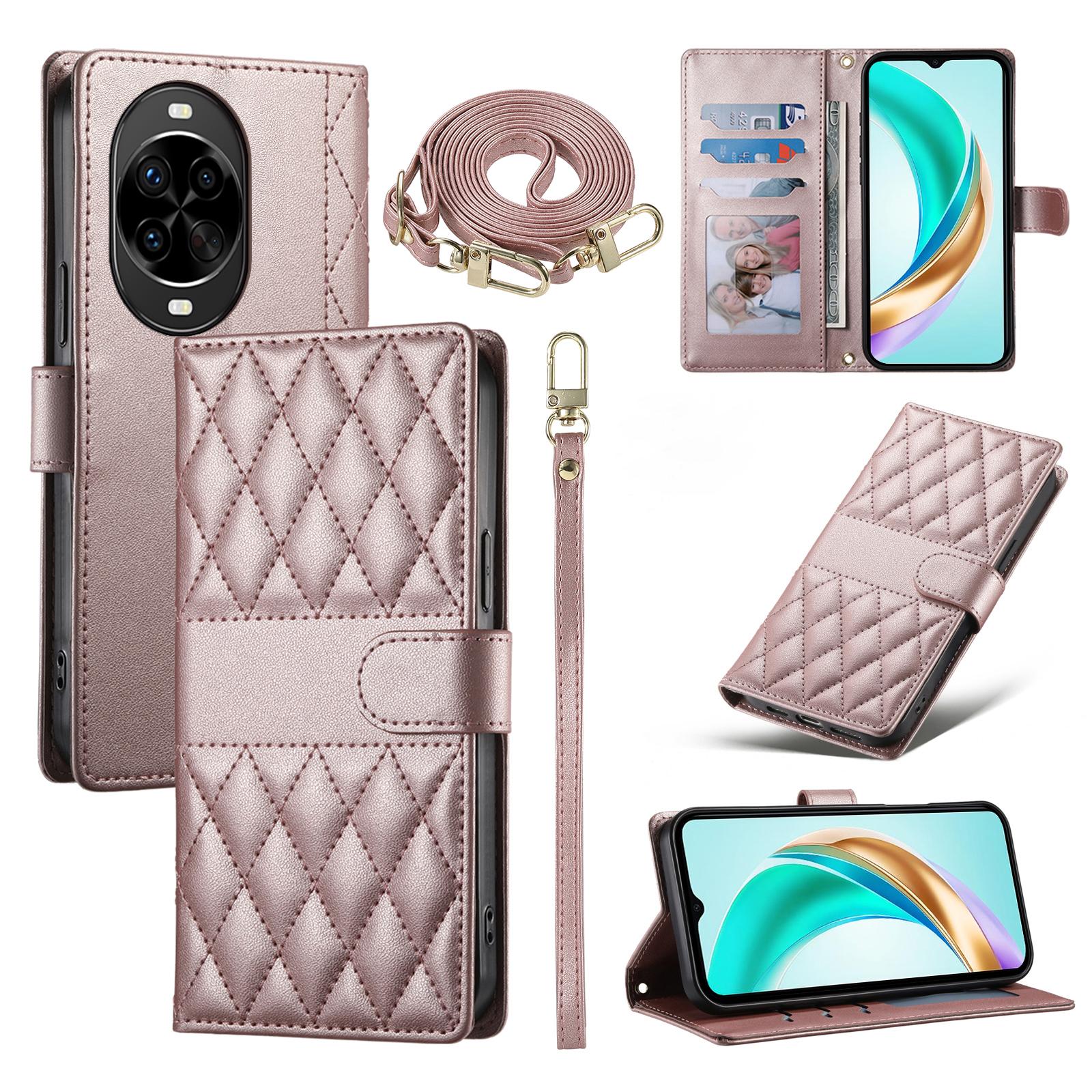 

For Huawei nova 14 Pro 5G Case Rhombus Stitching Wallet Stand Leather Phone Cover with Long/Short Strap Rose Gold