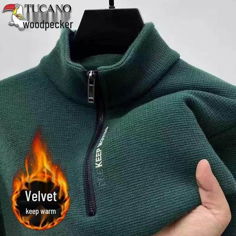 Men's Fleece-Lined Woodpecker Half-Zip Sweatshirt - Winter Casual Long-Sleeve Base Layer