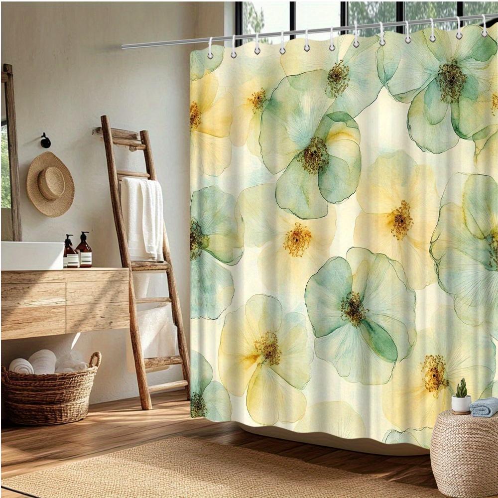 Květinový sprchový závěs, Akvarelové jemné žluté a zelené květy, Vysoce kvalitní polyester, Odolný proti vyblednutí, Stylový koupelnový doplněk