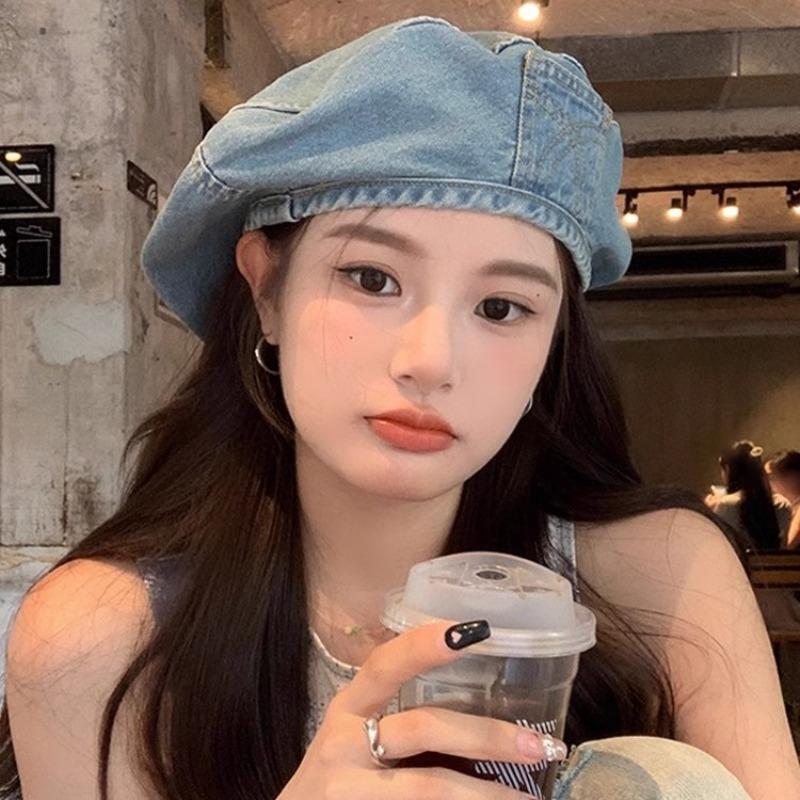 Octagonal Denim Beret Women's Autumn Hat Nostalgic Retro Big Head Circumference Summer Showing Face Small Painter Hat High Sense