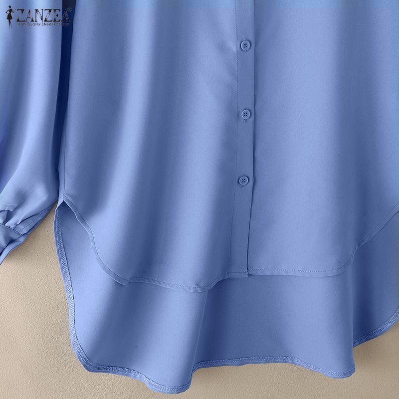ZANZEA Blusa Casual para Mujer con Cuello Solapa Dobladillo Asimétrico Manga Larga Holgada