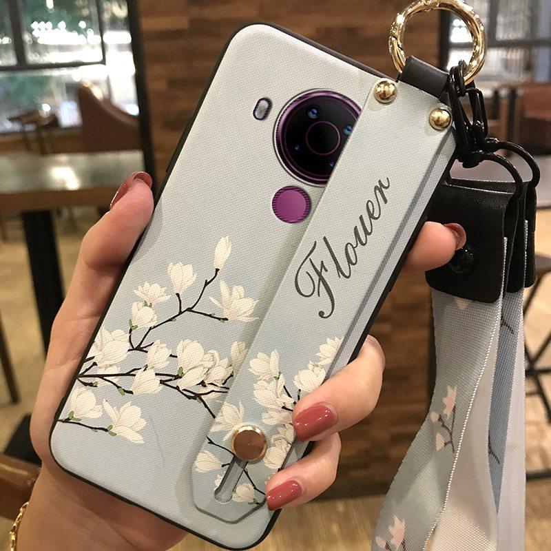 Back Cover Anti-dust Phone Case For Nokia 5.4 Wrist Strap Anti-knock Kickstand Shockproof Wristband Flower Phone Holder