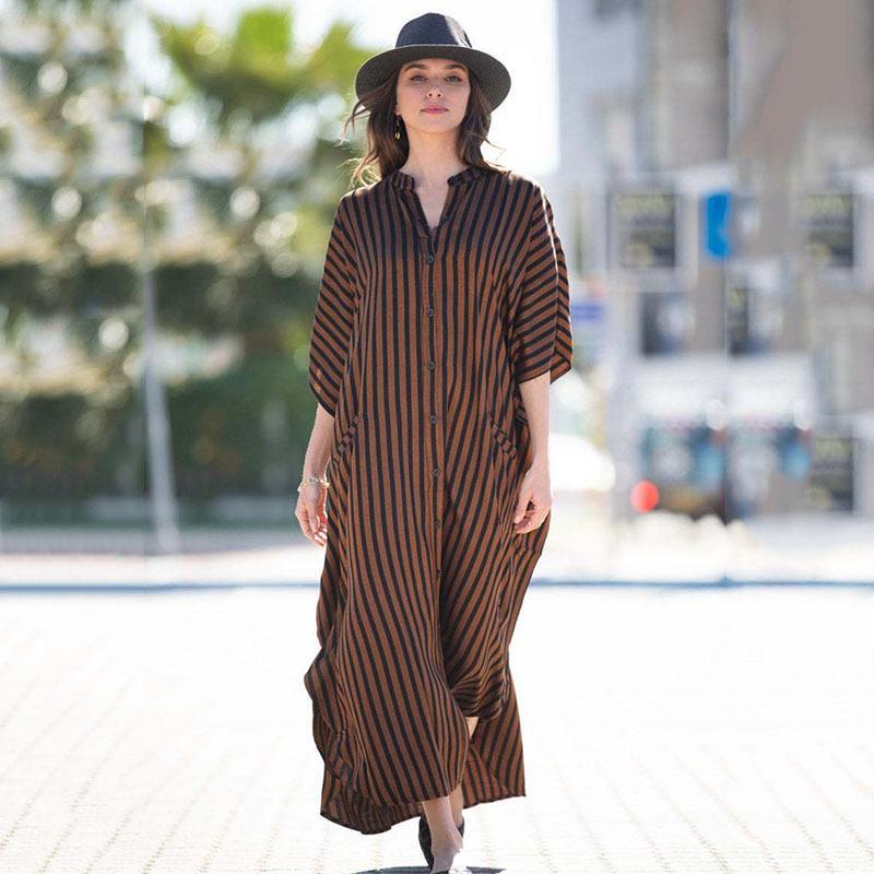 2021 Europäischer & Amerikanischer Gestreifter Strand-Überwurf - Vier-Wege-Stretch, Sexy Schwarzer & Brauner Langer Morgenmantel, Einreihiger Bikini-Überwurf.