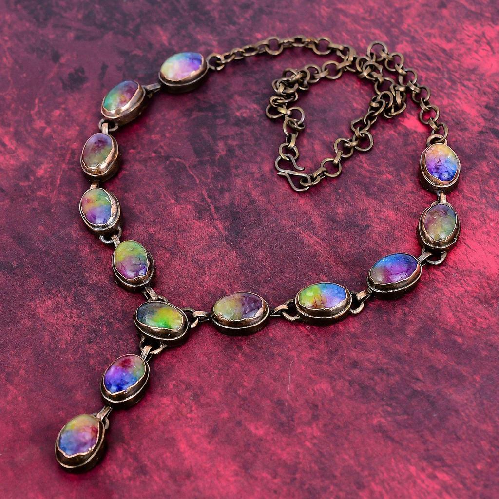 Collier Druse de Quartz Solaire Arc-en-ciel Cuivre Électroformé Collier Réglable