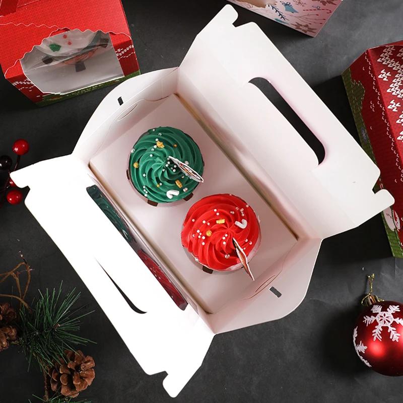 6Pcs Paper Gift Box With Window Christmas Treat Boxes Cupcake Muffin Cake Food Packaging Paper Box Xmas Birthday Party Decor