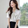 Women Bow Tie Satin Blouse V Neck Short Sleeve Office Wear Solid Color Shirt