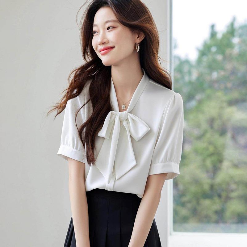 Women Bow Tie Satin Blouse V Neck Short Sleeve Office Wear Solid Color Shirt