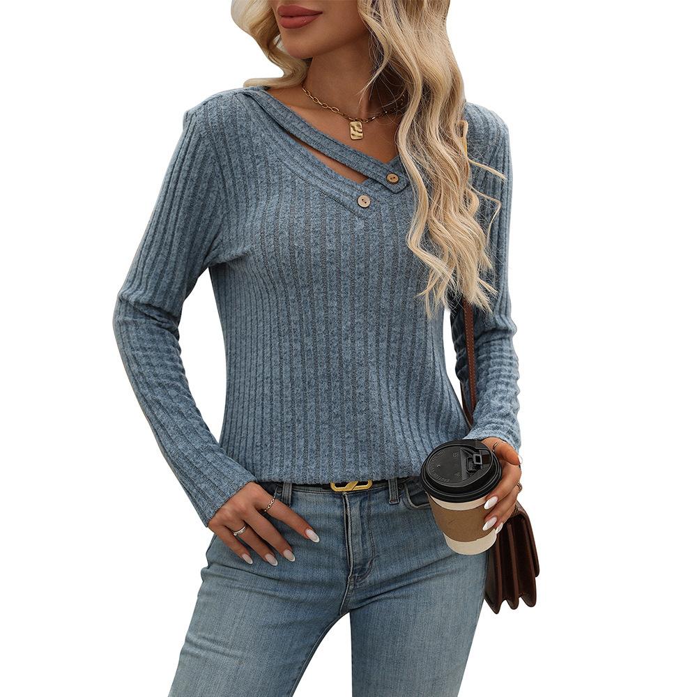 Women's Cutout V Neck Long Sleeve Ribbed Knit Top Casual Button Detail Loose Fit Fall Winter Daily Basic Tee Shirt