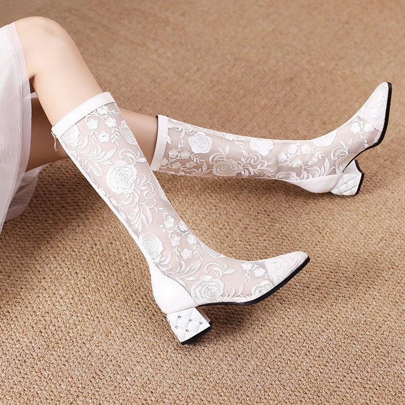 

Модные женские сандалии-ботинки до колена FHC, летняя сетчатая обувь, длинные боты с вышивкой кружевом в виде цветов, острый носок, молния сзади, черные, белые, дропшиппинг 36 белый