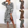2023 Spring Leopard Printed Dress Elegant V-neck High Waist Lace-up Belt Dress Vintage Irregular Long Sleeve Womens Dress 25436