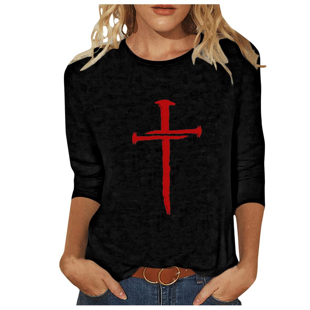 Round Neck 3D Cross Printed Top Fashionable Casual Long Sleeved Women's T-shirts