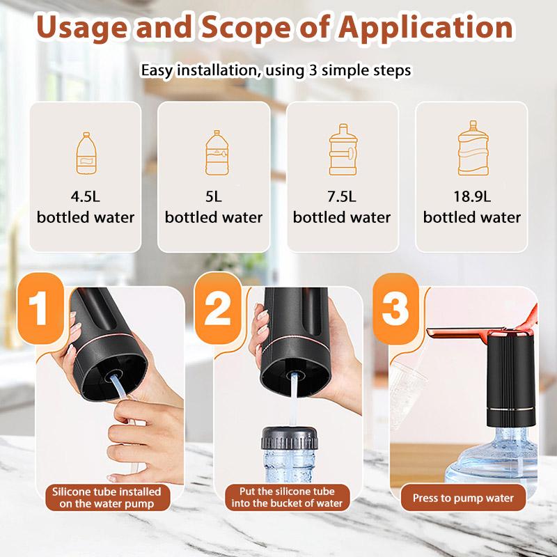 Electric Water Dispenser Pump, USB Rechargeable Auto Shut-off for 5 Gallon Water Bottles, Portable Foldable Design