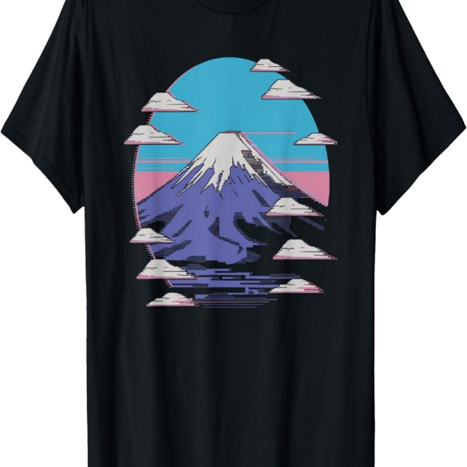 Mt Fuji Japan Glitch Art with Cherry Blossoms T-Shirt S