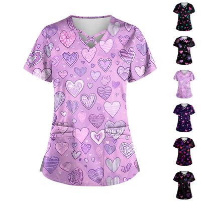 Women's Short Sleeve Stagger V Neck Print Pocket Dry- Top