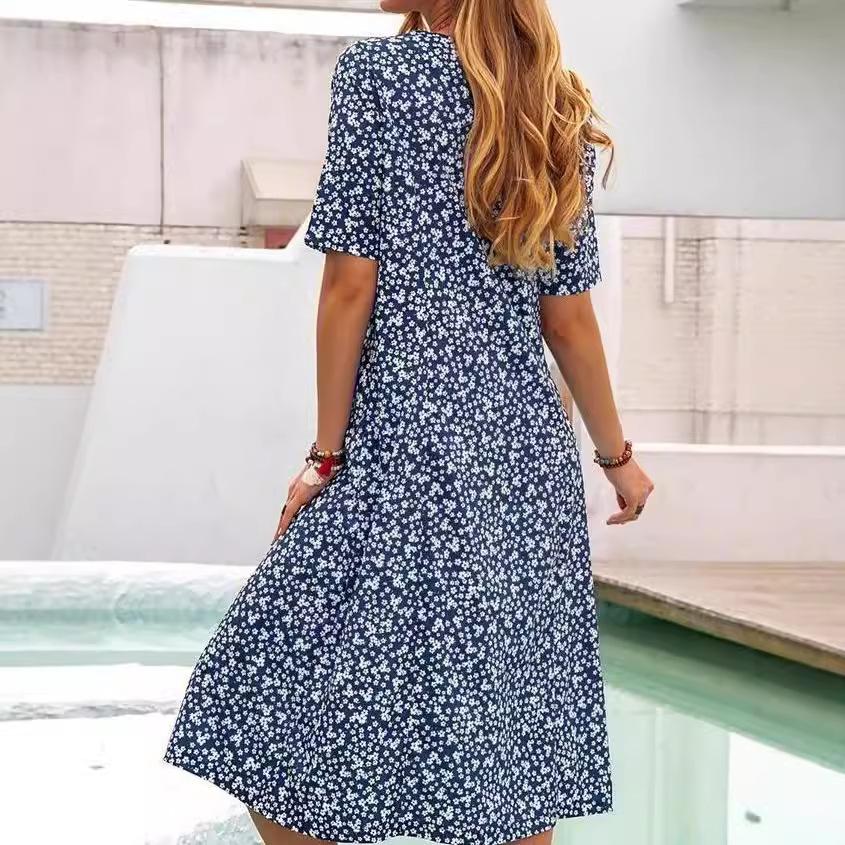 GMXIA Spring Summer Printed Floral O-Neck Neck Pocket Short Sleeve Casual Midi Shirt Dress