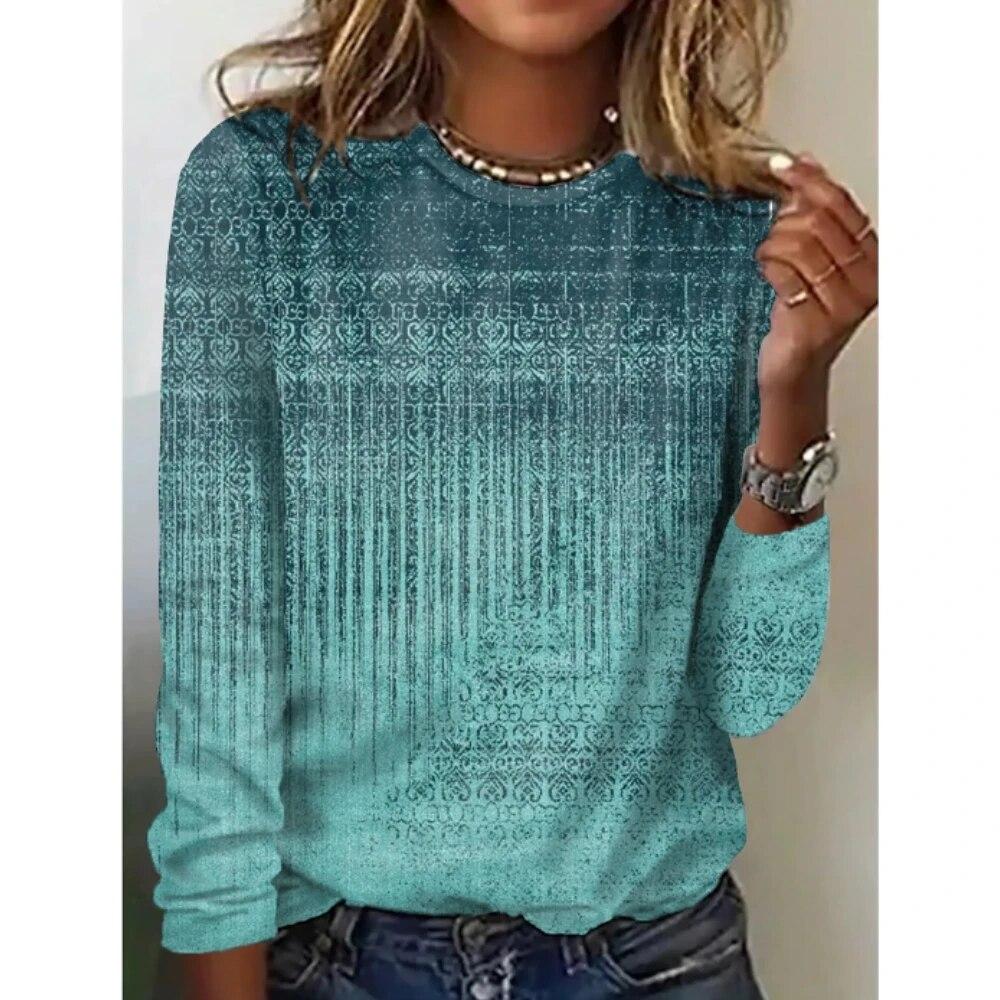 

2024 весна осень модные свободные топы женские повседневные с круглым вырезом повседневные новые дизайнерские принты элегантность с длинным рукавом