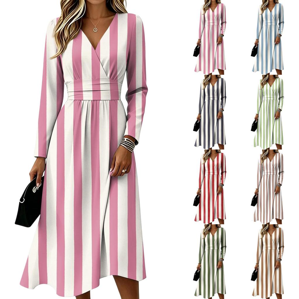 Women's Striped Print V-Neck Long Sleeve Dress with Pockets - Casual and Stylish for Everyday Wear