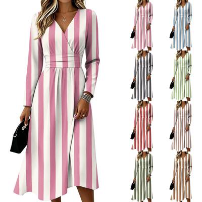 Women's Striped Print V-Neck Long Sleeve Dress with Pockets - Casual and Stylish for Everyday Wear