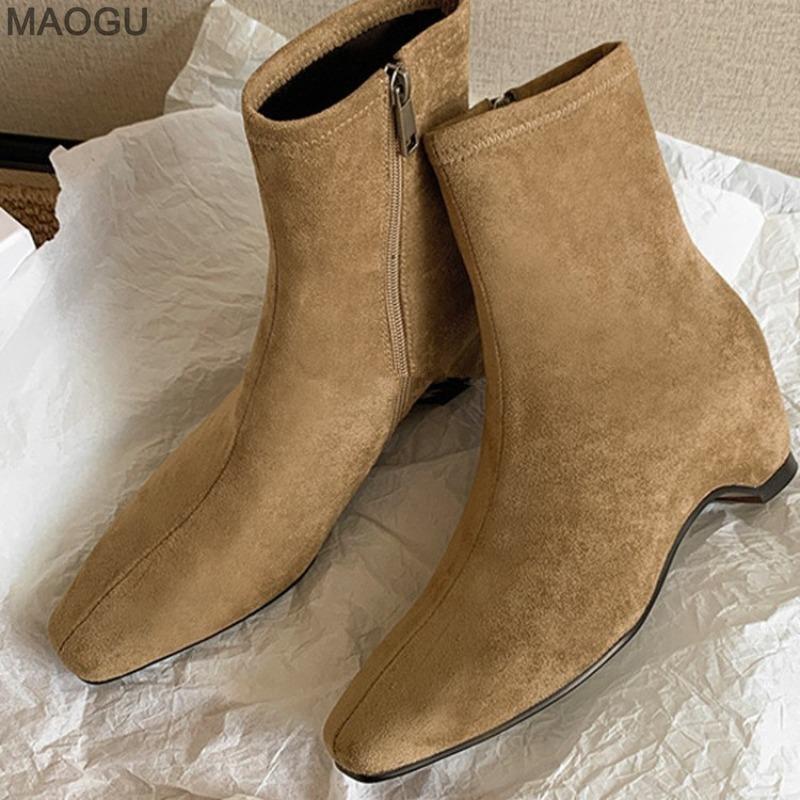 Women's Chunky Platform Ankle Boots 5cm Height Increasing French Retro Office Ladies Fashion Autumn Suede Short Boots Brown
