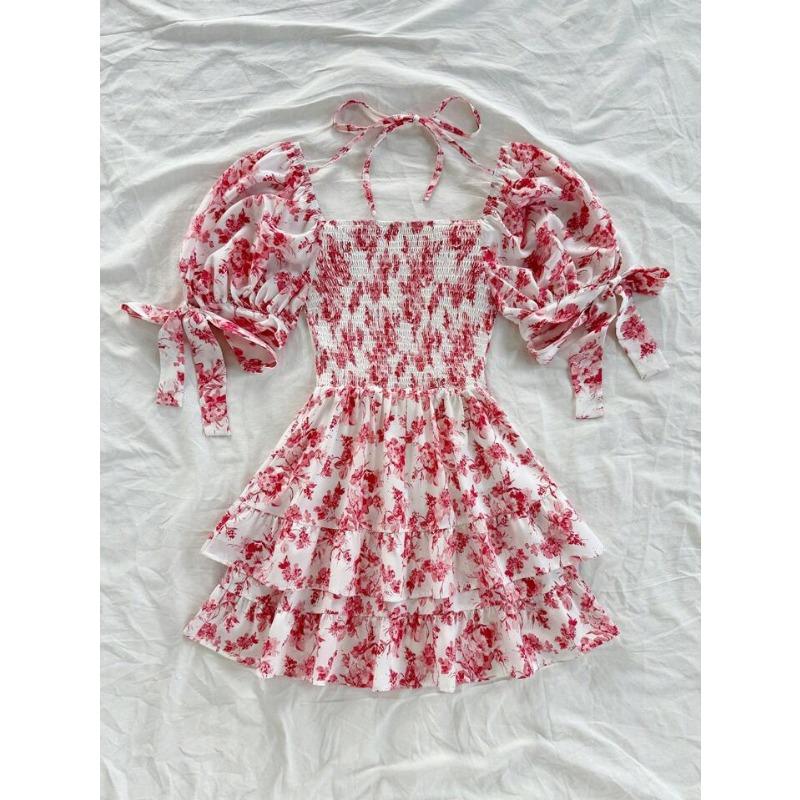 Summer Floral Print Square Neck Ruffled Puff Sleeve Vacation Dress