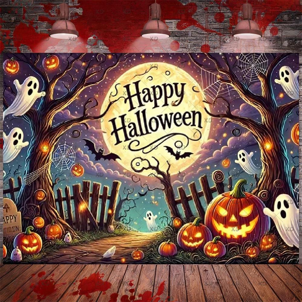 Halloween Party Decor: Pumpkin Backdrop, Ghosts, Haunted House, Photography Props, Photo Booth Banner5017