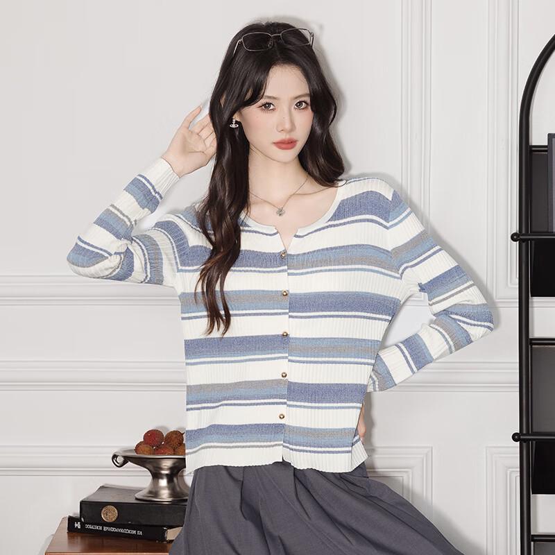 

Women s Striped Long-Sleeve Knit Cardigan One Size