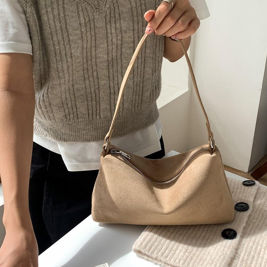 Korean Daily Commuter Pure Color Suede Handbag Casual High-end Single-shoulder Small Square Bag