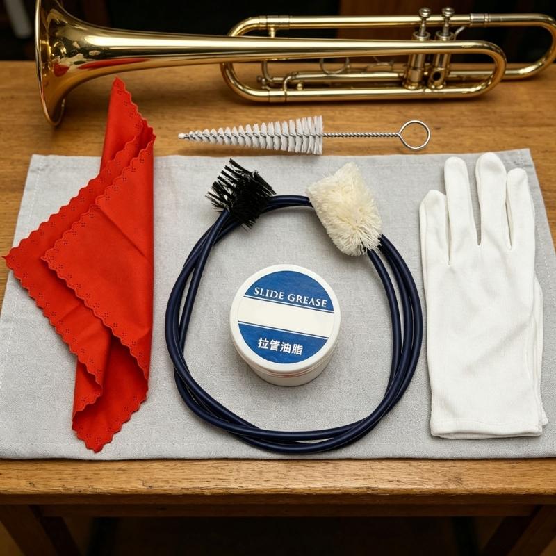 Trombone And French Horn Cleaning Set With Mouthpiece Brush Bore Brush Slide Grease & Polishing Cloth For Brass Instrument