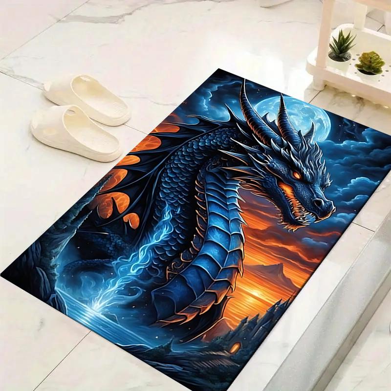 1Pc Blue Dragon Fantasy Rug, Office Carpet Indoor Outdoor Doormat, Non-Slip, Comfortable, Living, Christmas Halloween, Xmas Gift G136