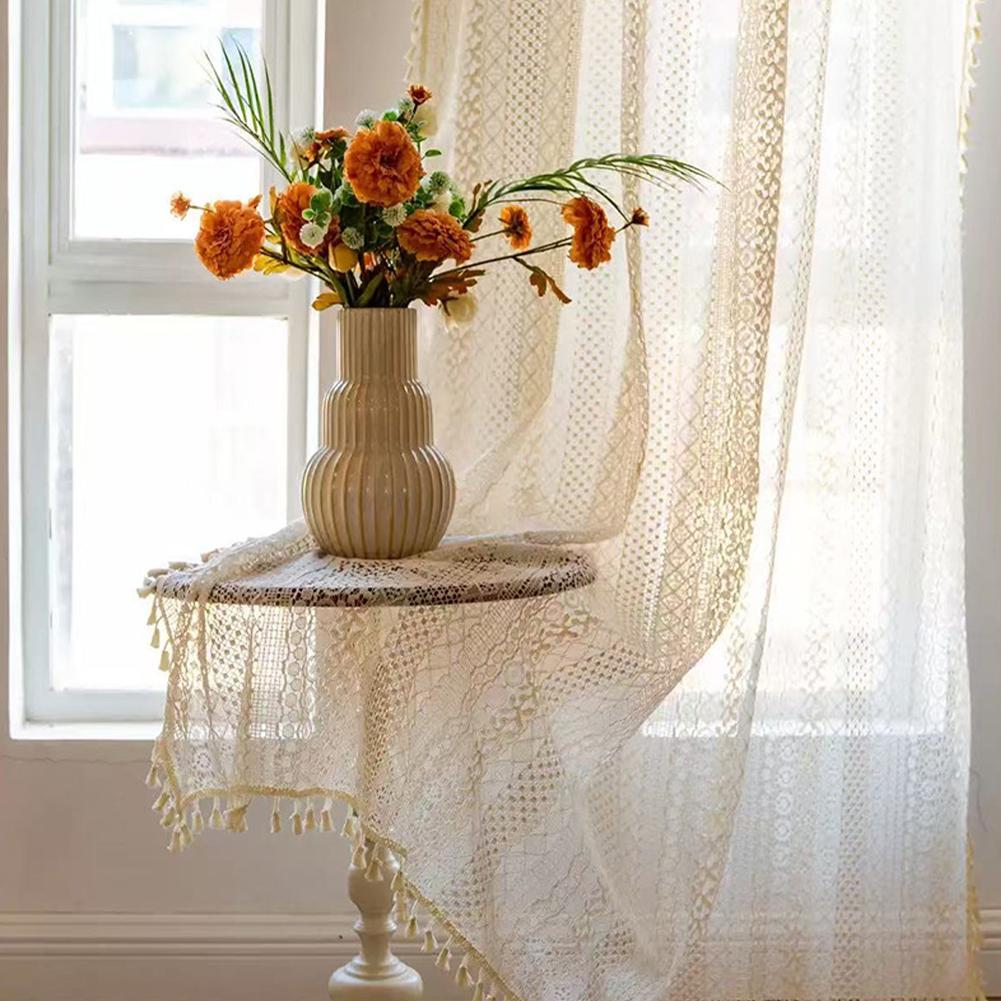 Boho Sheer Lace Curtains with Tassels Vintage Crochet Hollow Out Rod Pocket Window Drapes for Farmhouse Bedroom Living Room