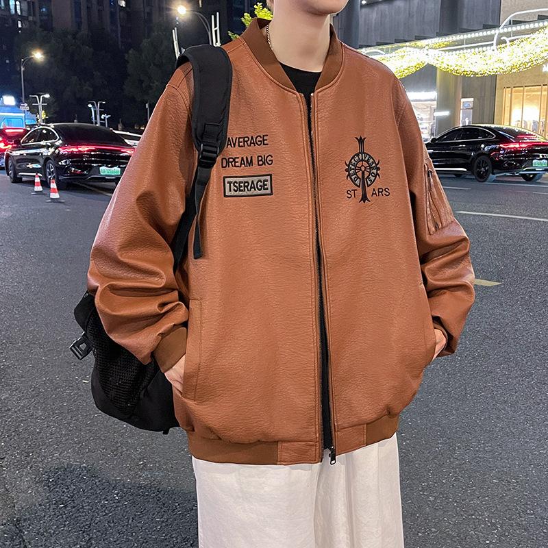 Autumn and winter new fashion trend embroidered leather jacket and fleece jacket