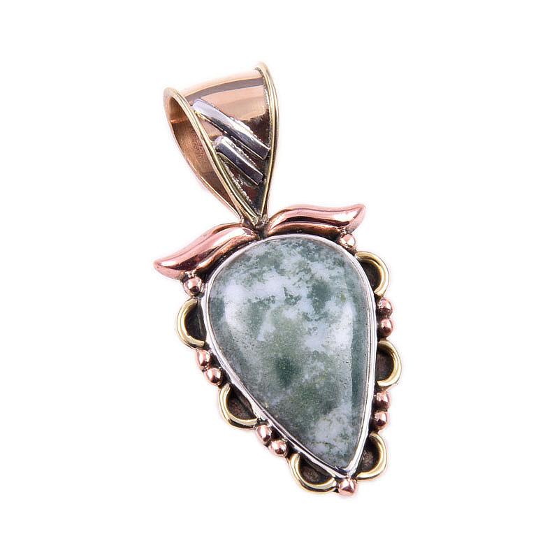 Natürlicher Grüner Dendrit Opal Edelstein 925 Massiv Silber Zweifarbig Anhänger 1,25" b1T61