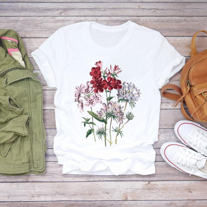 Summer Round Neck Floral Print Top Fashionable Casual Short Sleeved Women's Pure Cotton T-shirts