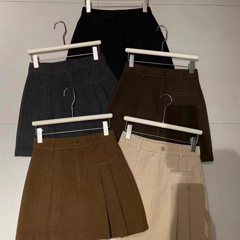 High Waist Pleated A-Line Wool Skirt - Women's Autumn/Winter, Anti-Exposure, Slimming Academy Style Mini Skirt.