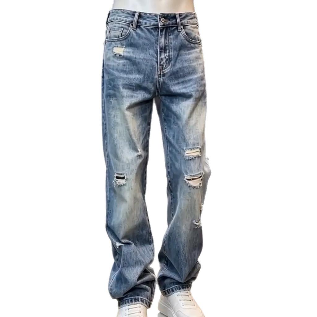 Summer New Retro Blue Casual American Retro Ripped Straight Jeans Washed and Old Loose Ripped Trousers