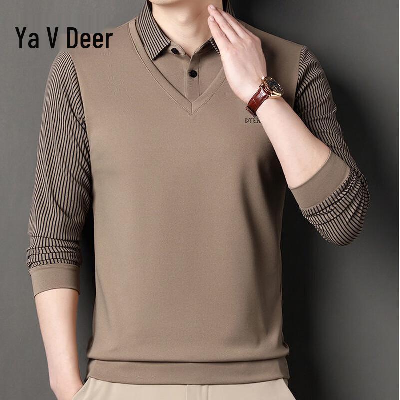Yalu Men s Faux Two-Piece Striped Long Sleeve Knit Polo XXXL