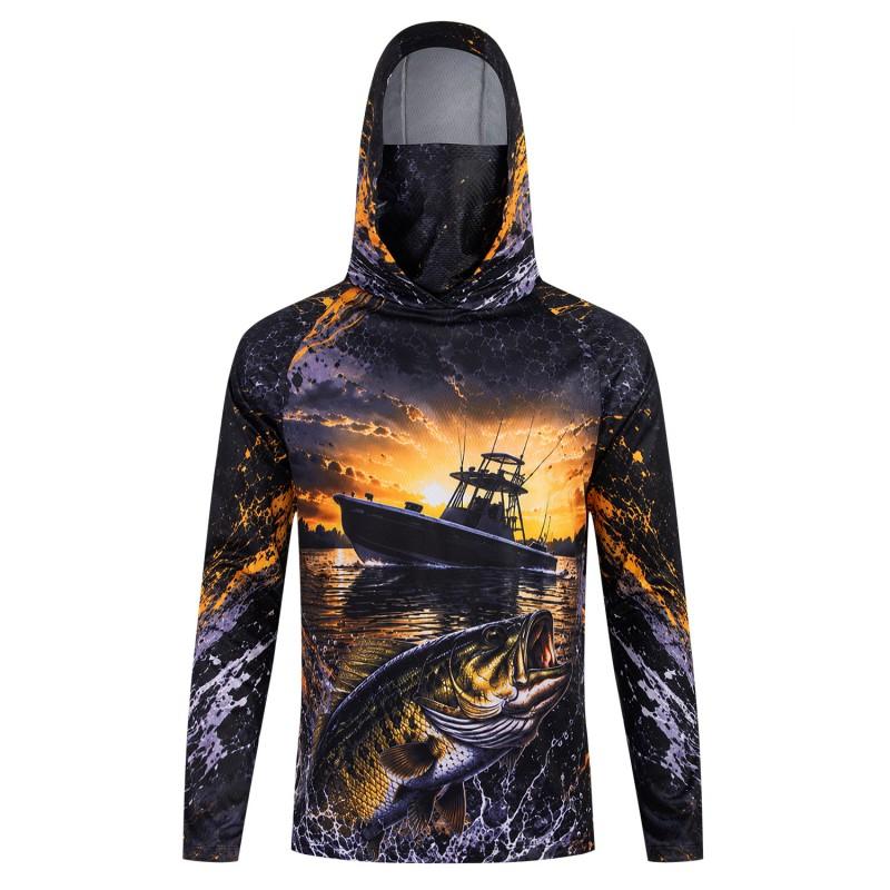 Mens UPF 50 Quick-Dry Fishing Hoodie With Face Cover Breathable Sun Protection Shirt Outdoor Angling Hiking Cycling