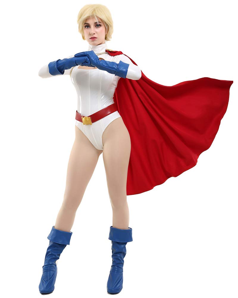 Miccostumes Superheroine Cosplay White Bodysuit with Leotard and Cape Women's Costume, (Small)