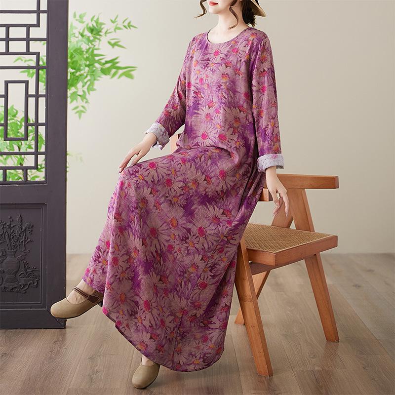 Plus Size Holiday Dress: Cotton & Linen, Printed, Round Neck, Long Sleeve, Loose Fit Plus 3XL