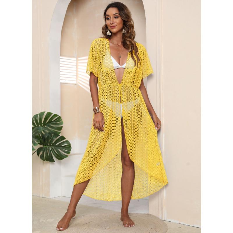 Women's Cover-up Seaside Holiday Beach Cardigan Plus Size Irregular Tie Sexy See-through Lace Shirt